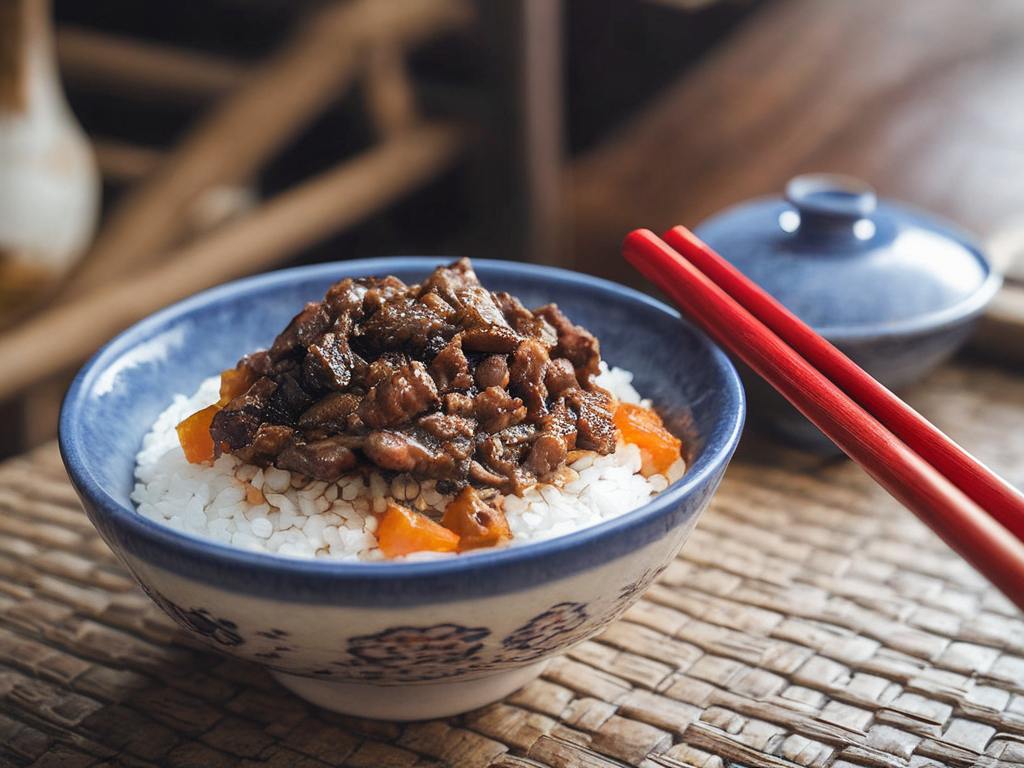 A close-up shot of a bowl of delicious Robabon Rice, a popular dish in Asian cuisine. The rice is cooked to perfection, with each grain separate and fluffy. It's topped with a variety of colorful vegetables and meat, creating a vibrant and appetizing display. The bowl is placed on a rustic wooden table, with a pair of chopsticks resting on the side. The scene is set in a homey kitchen environment, with blurred background elements that suggest a warm, everyday setting. The lighting should be natural and soft, highlighting the appetizing qualities of the Robabon Rice and the cozy atmosphere of the setting, <lora:robabon2:0.75>