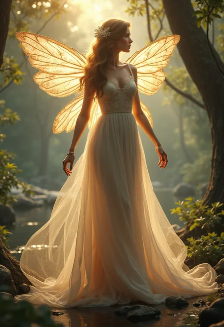 masterpiece, an extremely delicate and beautiful, extremely detailed, Amazing, finely detail, extremely detailed CG unity 8k wallpaper, ultra-detailed, highres, beautiful woman, fairy, fairy goodmother, wings, breathtaking dress, perfect body, perfect anatomy, nature, tree, forrest, lake, sun