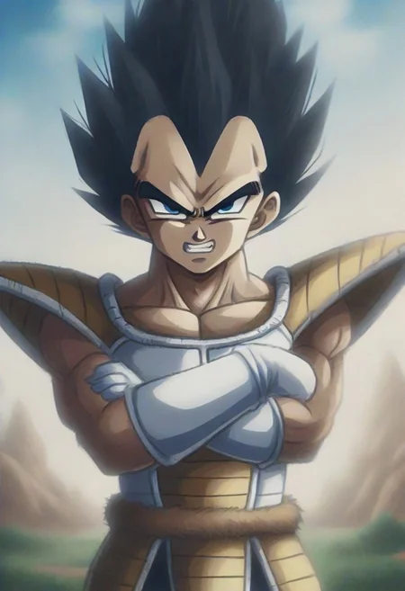 source_anime, pamcocomat, 1boy, vegeta, pamcocomat saiyan armor, upper body, crossed arms, looking at viewer, outdoors,spiky hair, black hair, Dragon Ball Z, angry, teeth, best quality, detailed face, detailed eyes