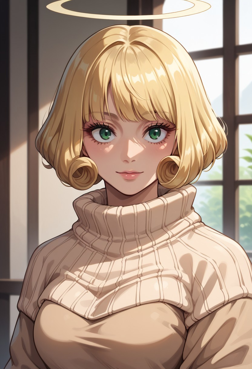 anime artwork, score_9, score_8_up, score_7_up, score_6_up, score_5_up, solo, perfect eyes, detailed eyes, beautiful female, detailed face, dynamics lines, 20 year old, perfect beautiful face, long eyelashes, sharp eyes pupils, (bedroom:1.3), (upper body:1.5), medium breasts, wide hips, hips,,1 girl, halo, blonde hair, short hair, bangs, curly hair, green eyes, beige sweater, black pantyhose,, smile