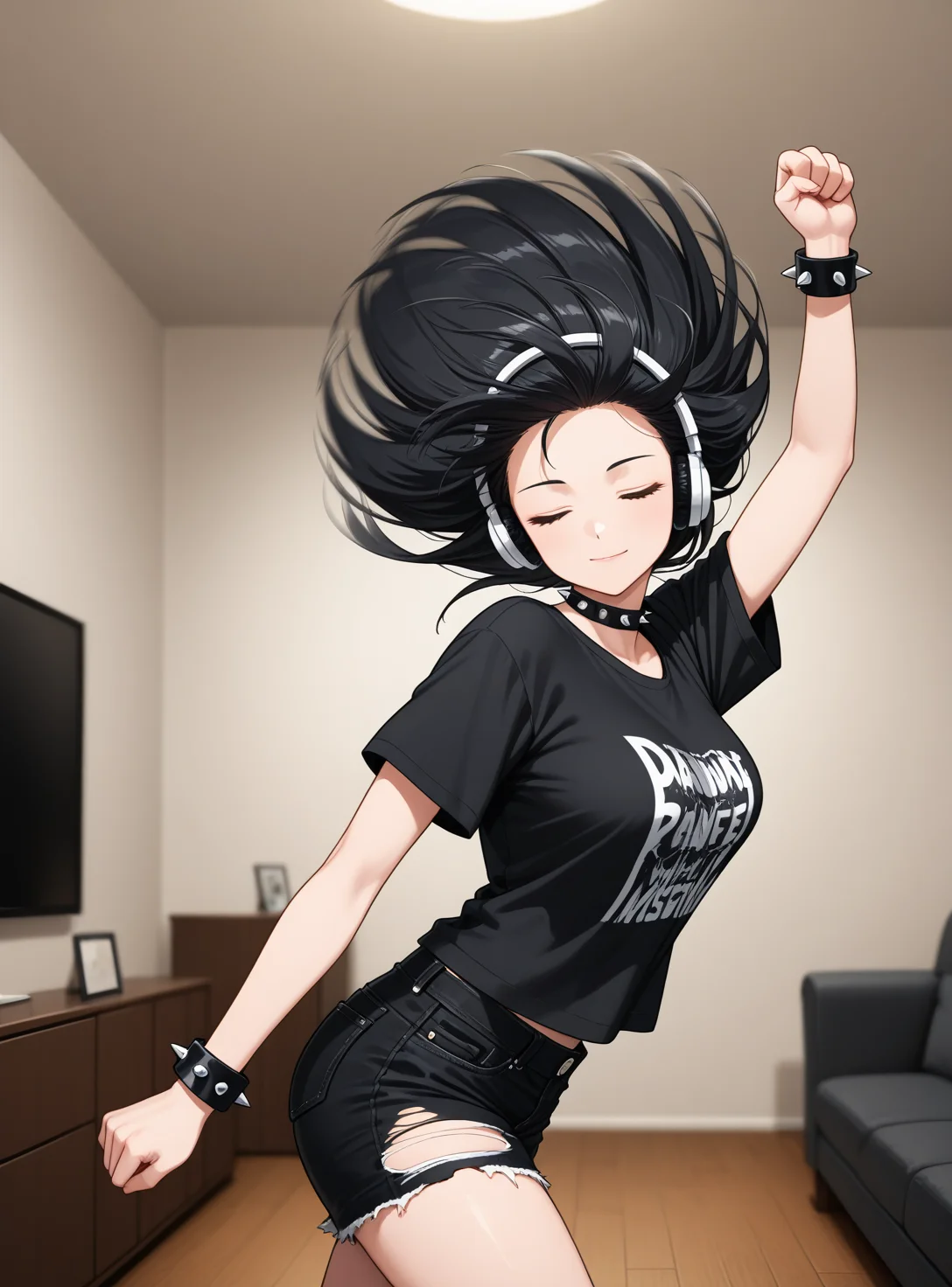masterpiece, best quality, amazing quality, BREAK
1girl, solo, closed eyes, medium breasts, black hair, medium hair, hair swish, floating hair, looking to the side, standing, leaning forward, arm up, clenched hand, arm at side, light smile,
gothic, t-shirt, black shirt, spiked choker, spiked bracelet, denim shorts, (black shorts:1.3), torn shorts, BREAK
motion blur, wireless headphones, listening to music, dancing, dynamic pose,
living room, cowboy shot, from side, perspective,
<lora:Hair_Swish_NoobEps:1>
