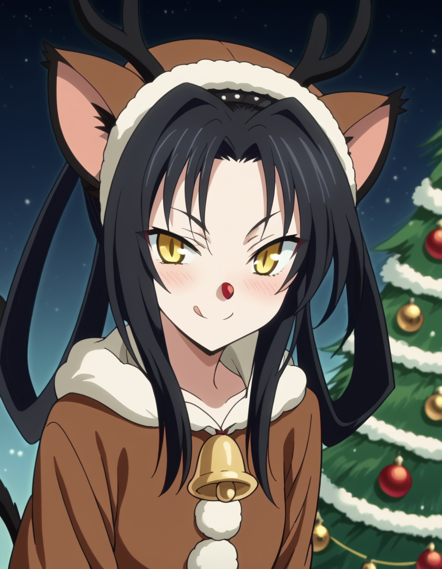 score_9, score_8_up, score_7_up, source_anime, <lora:dxd-kuroka-s3-ponyxl-lora-nochekaiser:1>, kuroka, long hair, black hair, animal ears, tail, cat ears, cat tail, multiple tails, hair rings, nekomata, yellow eyes, slit pupils, parted bangs, sidelocks, anime screencap,, <lora:reindeer-costume-ponyxl-lora-nochekaiser:1>, reindeer costume, animal costume, reindeer antlers, antlers, fake antlers, reindeer hood, christmas, red nose, deer ears, deer tail, christmas tree, bell, horns, reindeer,, blush, smile, tongue out, looking at viewer,, , dutch angle, cowboy shot