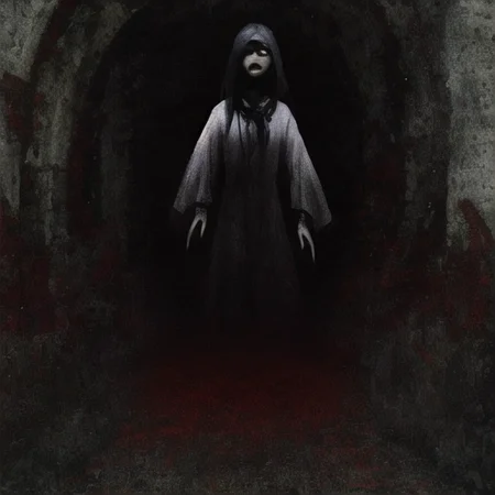 ((masterpiece)),(best quality), absurdres,sadako_yamamura,red eyes, white dress,<lora:Sadakobest:0.8>,  <lora:death2HorrorLocon_v10:1>,horror (theme),dark,