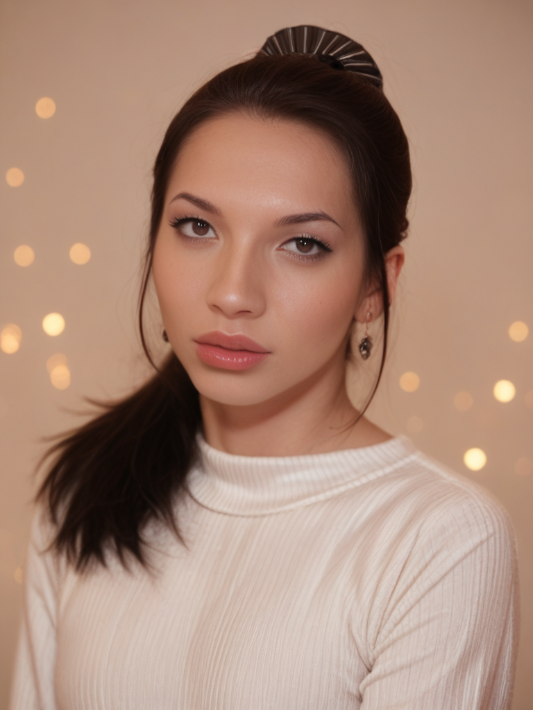 score_9, score_8_up, score_7_up, SabrinaK4mo3i, Sabrina Kamoei, <lora:SabrinaK4mo3i-pony:1>,1girl, makeup, lips, high ponytail hair, dark hair, big lips, white sweater, solo, looking at viewer, bokeh, focus, film, velvia, artistic, best quality, photograph, focus