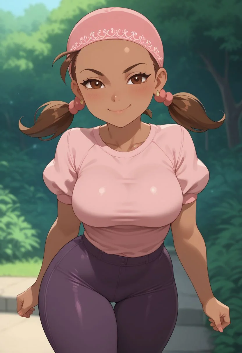 score_9, score_8_up, score_7_up, , shiny skin, skindentation, deep skin, anime, high quality, highres, 1girl, solo, (curvy), ((wide hips)),, thick thighs, cute, , sexy, medium breasts, 1girl, dark skin, brown hair, brown eyes, twintails, Pink bandana, earrings, smirk, pink shirt, grilled shirt, short sleeves, puffy sleeves, puffy sleeves, short sleeves, purple pants, tight pants,