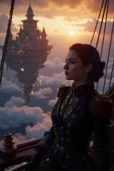 A hyper-realistic portrait, photorealistic photo close-up image of On the deck of a towering, floating citadel above the clouds, a regal airship captain gazes out at the horizon as an armada of enemy ships approaches from the distance. Her uniform, immaculate and adorned with gold trim, gleams in the soft glow of the setting sun. Her gloved hand rests firmly on the hilt of her saber as she issues silent commands to the crew below, preparing for battle. The air around the citadel crackles with the hum of arcane energy, and the cloudscape beneath them glows with a surreal, warm light. The scene combines the swashbuckling adventure of Treasure Planet with the high-flying fantasy of Final Fantasy, blending the grandeur of steampunk airships with the awe-inspiring beauty of the open sky. (photography, high-resolution, dynamic, energetic,hyper-realistic, dramatic lighting, shallow depth of field.)<lora:aidmaMJ6.1-FLUX-V0.1:0.6><lora:Movie_Portrait><lora:Flux DetailerV2>