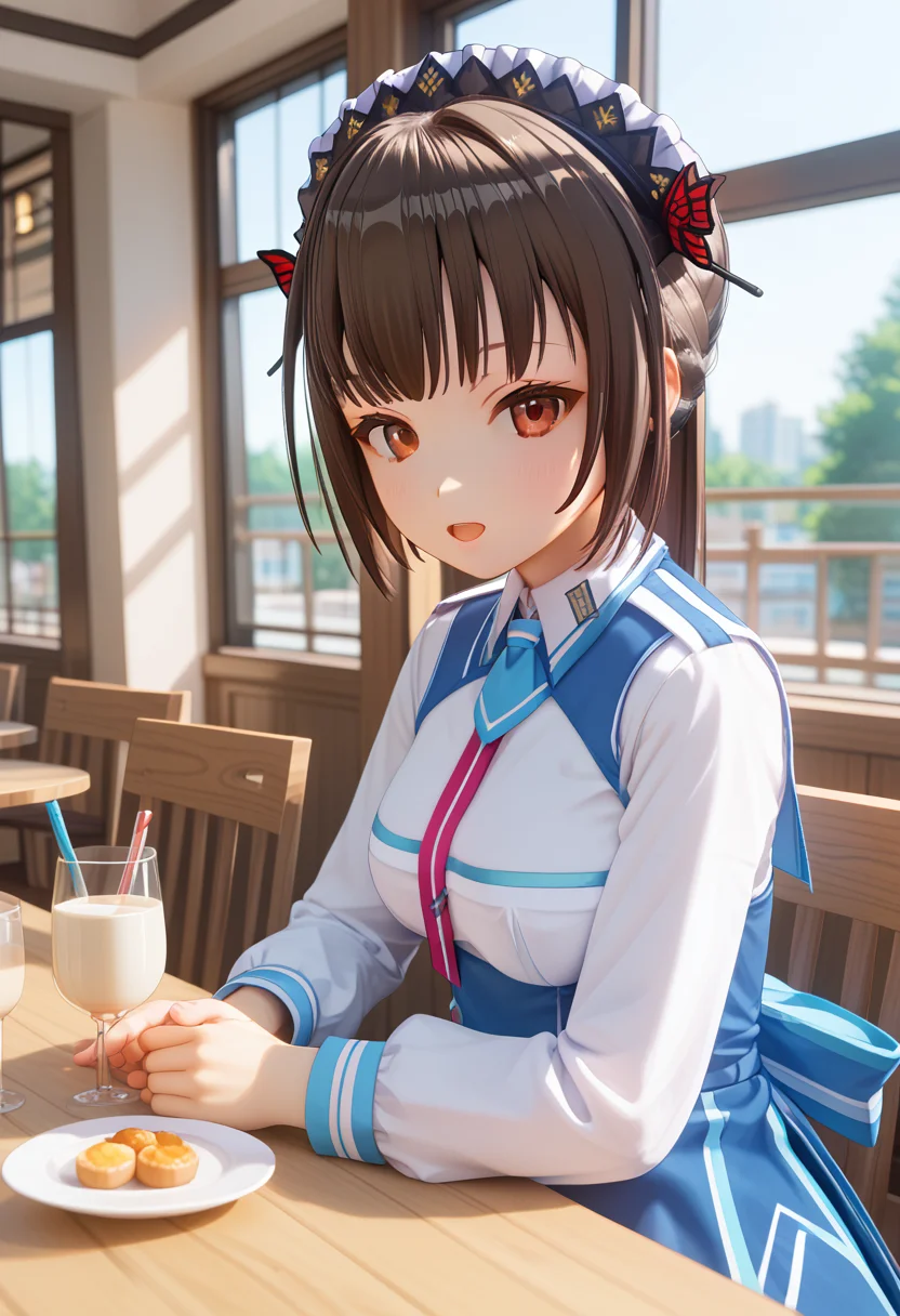 score_9, score_8_up, score_7_up, (1girl), chihara_yukine, brown hair, red colored eyes, (sensitive), (masterpiece), (best quality), schoolgirl uniform, white shirt, blue skirt, hair ornament, cafe, sitting on chair, kiwi smoothie on table, looking at viewer, from side, looking at viewer, solo, open mouth, highres, absurdres, (newest), ((upper body)), (ultra detailed), shine, sunlight, lens flare, <lora:chihara-local:0.9>