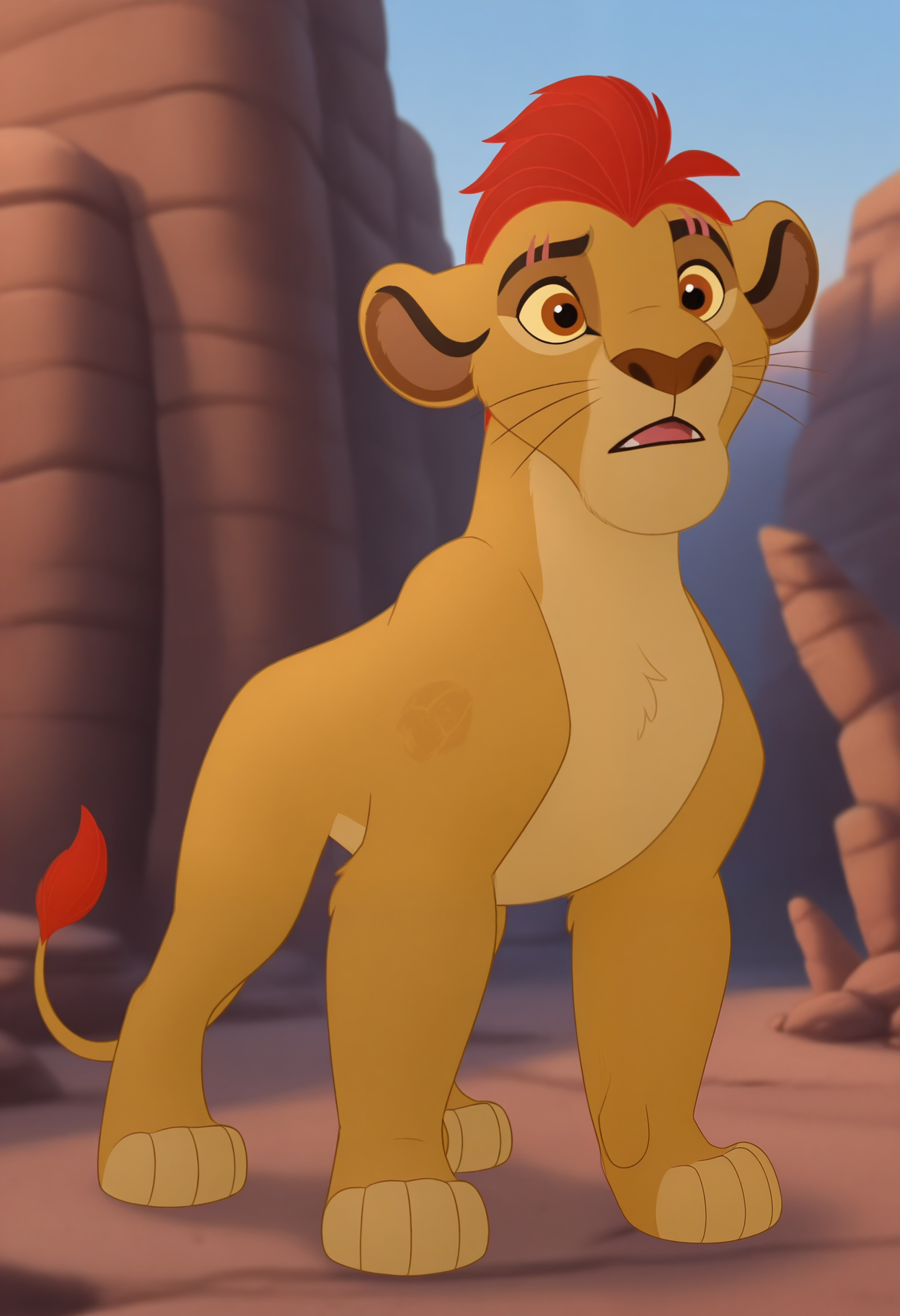masterpiece,best quality,amazing quality, 1boy, solo, k10n, lion, brown fur, colored sclera, brown eyes, kion's scar, red mohawk, lion tattoo, full body, outside,