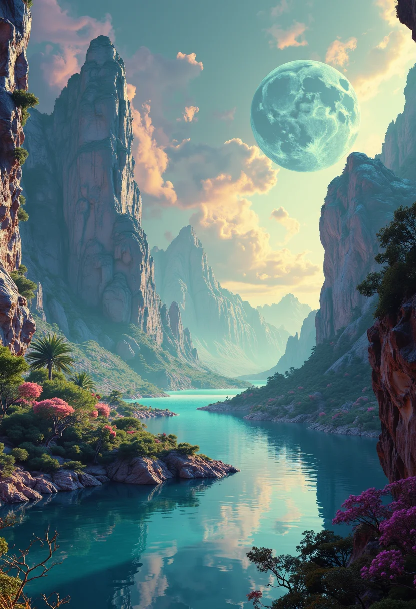 Expansive sci-fi landscape in the style of Frank Frazetta, featuring the tranquil Lake of Serenity. A sweeping panoramic view rendered as a digital artwork, blending classic gothic and baroque fantasy elements. Vibrant colors and illustrative techniques create a painterly effect reminiscent of a highly detailed matte painting. The scene is bathed in atmospheric haze and dramatic lighting, evoking the mood of a vintage oil painting with a contemporary digital twist.