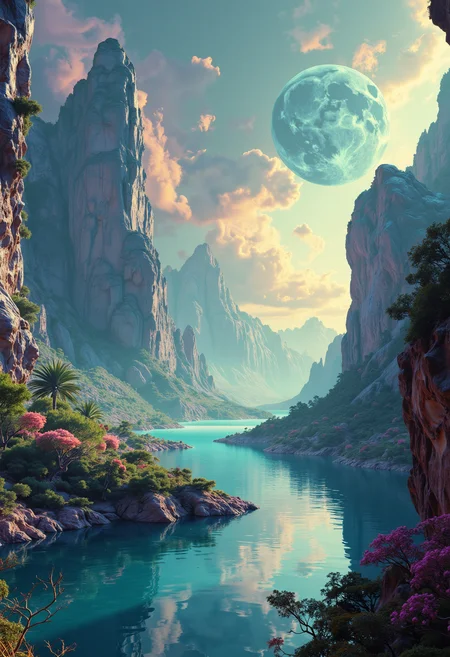 Expansive sci-fi landscape in the style of Frank Frazetta, featuring the tranquil Lake of Serenity. A sweeping panoramic view rendered as a digital artwork, blending classic gothic and baroque fantasy elements. Vibrant colors and illustrative techniques create a painterly effect reminiscent of a highly detailed matte painting. The scene is bathed in atmospheric haze and dramatic lighting, evoking the mood of a vintage oil painting with a contemporary digital twist.