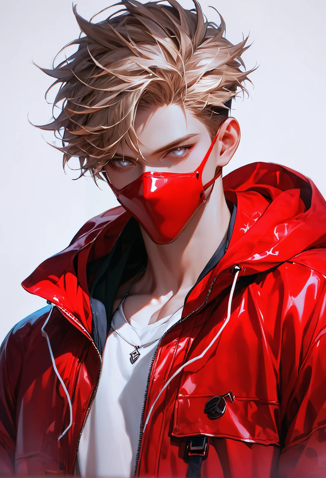 score_9, score_8_up, score_7_up, i want the whole image to be created in 3D anime style, solo, looking at viewer, 1boy, jacket, upper body, male focus, hood, open jacket, hoodie, mask, hooded jacket, red jacket, hood up, white eyes