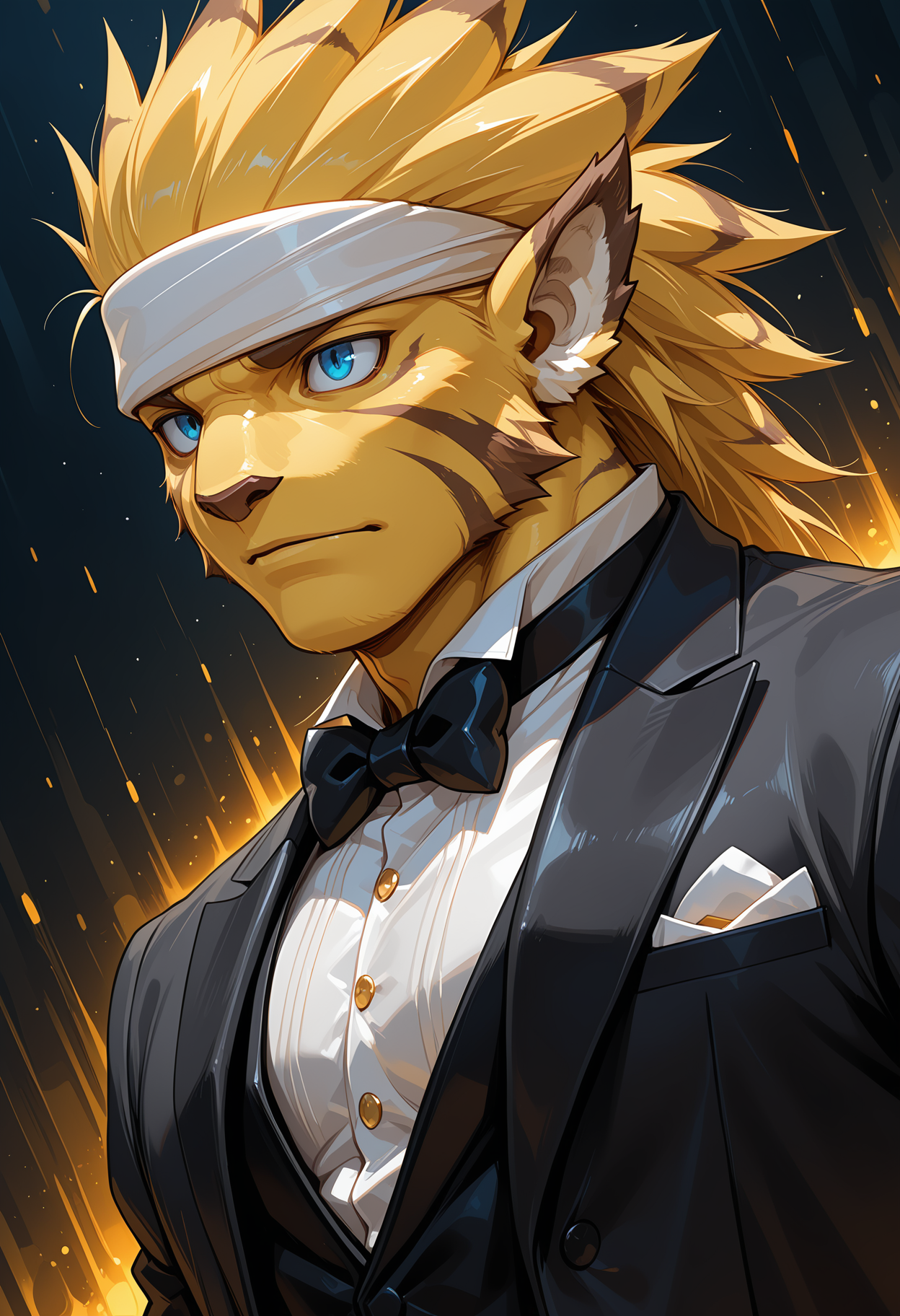 masterpiece, best quality, amazing quality, dutch angle, abstract background, BREAK
solo, 1boy, furry male, bof_rei, yellow body, tiger stripes, pointed ears, headband, blue eyes, tuxedo, black tuxedo, bow tie, upper body focus, BREAK
<lora:cfg_scale_boost:.6>  <lora:Rei_-_Breath_of_Fire_III_-_ILXL:1>