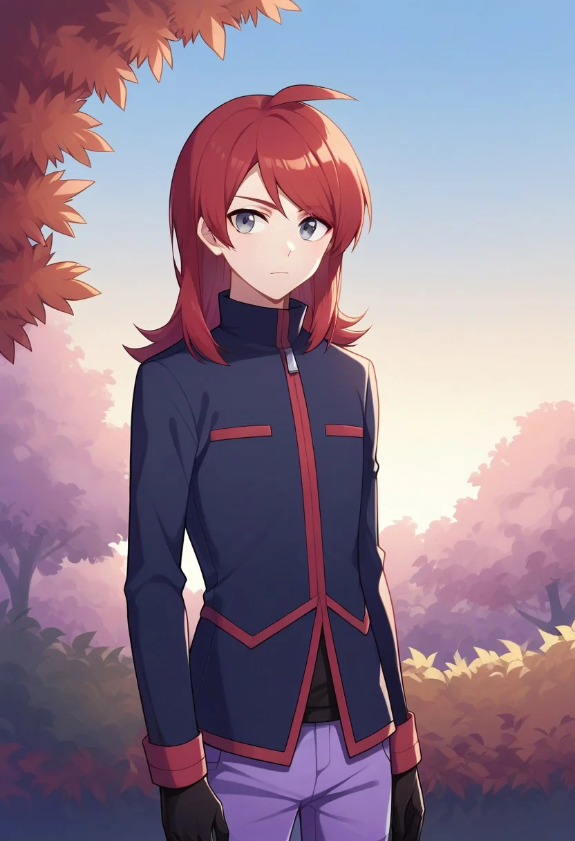score_9, score_8_up, score_7_up, source_anime, highly detailed,
pokesilv, 1boy, male focus, solo, red hair, jacket, pants, grey eyes, purple pants, gloves, closed mouth,
standing, bangs, ahoge, long sleeves, long hair, black jacket, black gloves, upper body,
outdoor, tree, sky,