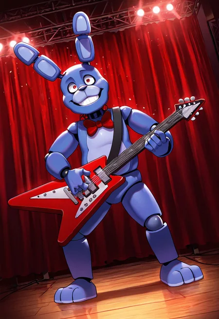 masterpiece, best quality, amazing quality, very aesthetic, absurdres, newest, detailed background,
cartoon, screencap,
bonnie, rabbit ears, red bowtie,, 1boy, joints, animatronic
smile, teeth, red electric guitar, on stage, stage lights, dynamic pose, dynamic angle, wooden floor, red curtains,
