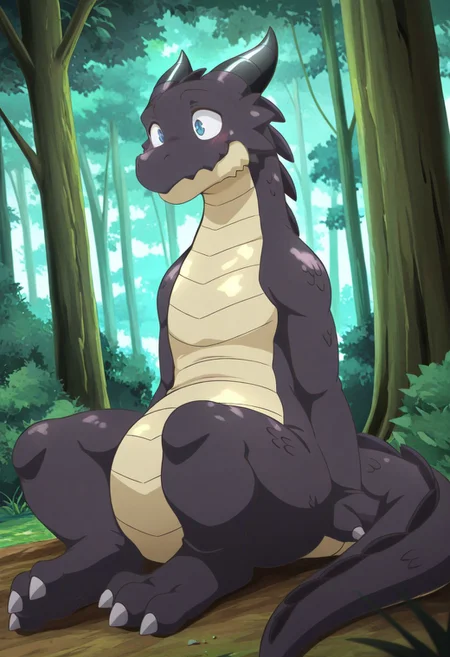 masterpiece,best quality,amazing quality, dragon, Ravendia, forest background, fullbody, horns, blue eyes, (solo:1.8),anime style, flat shadding, sitting under tree, smiling, 3 toes