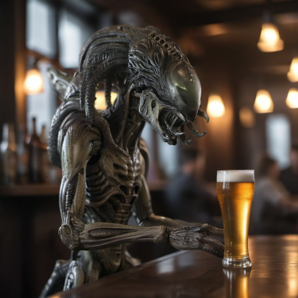 an alien, full body, having a beer in a pub  <lora:Predalien1024:0.8>