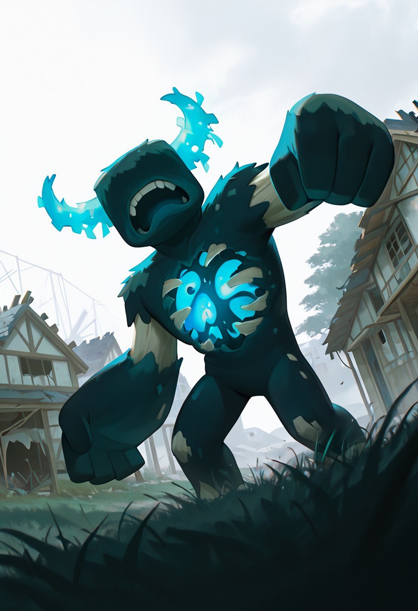 masterpiece, best quality, amazing quality, very aesthetic, absurdres, newest, detailed background, foreground blur, volumetric lighting, sharp, 4k, hd, 
warden, glowing horns, standing, solo, monster, open mouth, creature, teeth, no eyes, pokemon (creature), ribs, colored skin, ((wide head, big head,)),, no teeth, no humans, big arms,  no hands, no wrists, wide body, short legs, no teeth, 
, dynamic angle, daytime, destroyed village, wooden houses, grass, grey sky, bright colors, broken houses, attacking pose,