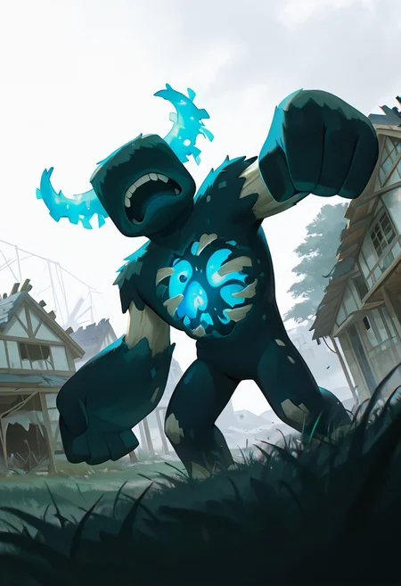 masterpiece, best quality, amazing quality, very aesthetic, absurdres, newest, detailed background, foreground blur, volumetric lighting, sharp, 4k, hd,
warden, glowing horns, standing, solo, monster, open mouth, creature, teeth, no eyes, pokemon (creature), ribs, colored skin, ((wide head, big head,)),, no teeth, no humans, big arms, no hands, no wrists, wide body, short legs, no teeth,
, dynamic angle, daytime, destroyed village, wooden houses, grass, grey sky, bright colors, broken houses, attacking pose,