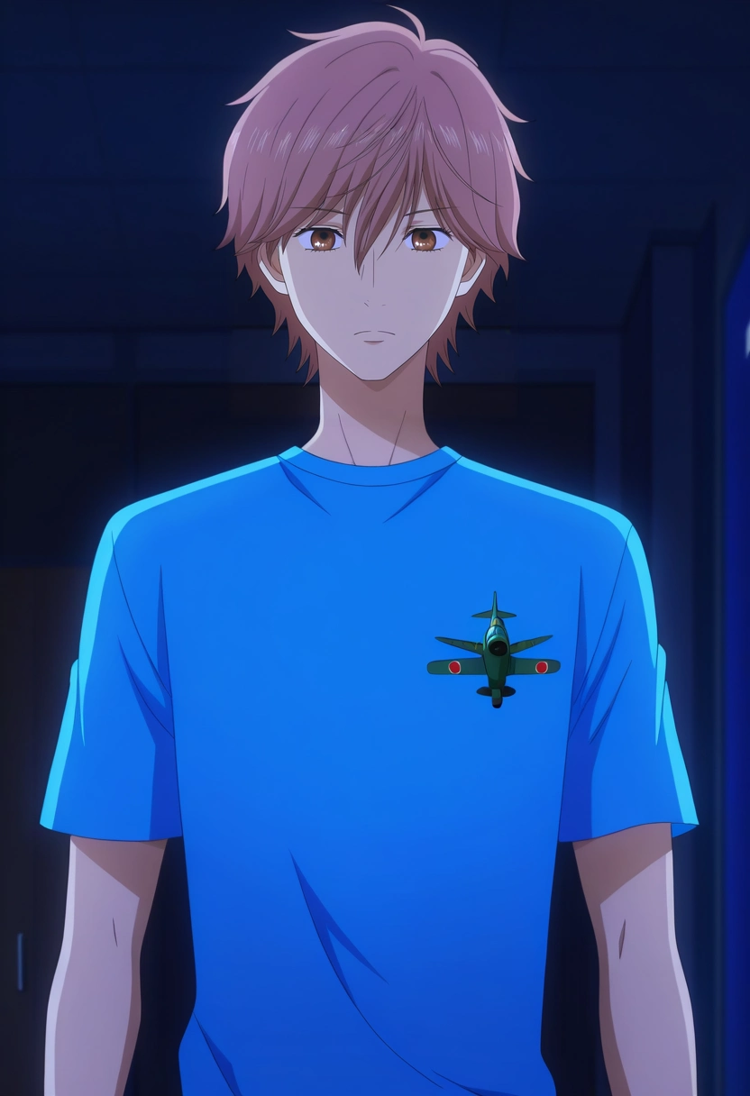 masterpiece, best quality, , anime screencap, anime coloring, official style,, 1boy, solo, male focus, <lora:taichi_mashima_ilxl:1>, taichi_mashima, brown hair, brown eyes, short hair, bangs, hair between eyes, blue shirt, straight-on, plane, indoors, dark, twisted torso, distracted, aloof, oblivious, disco costume