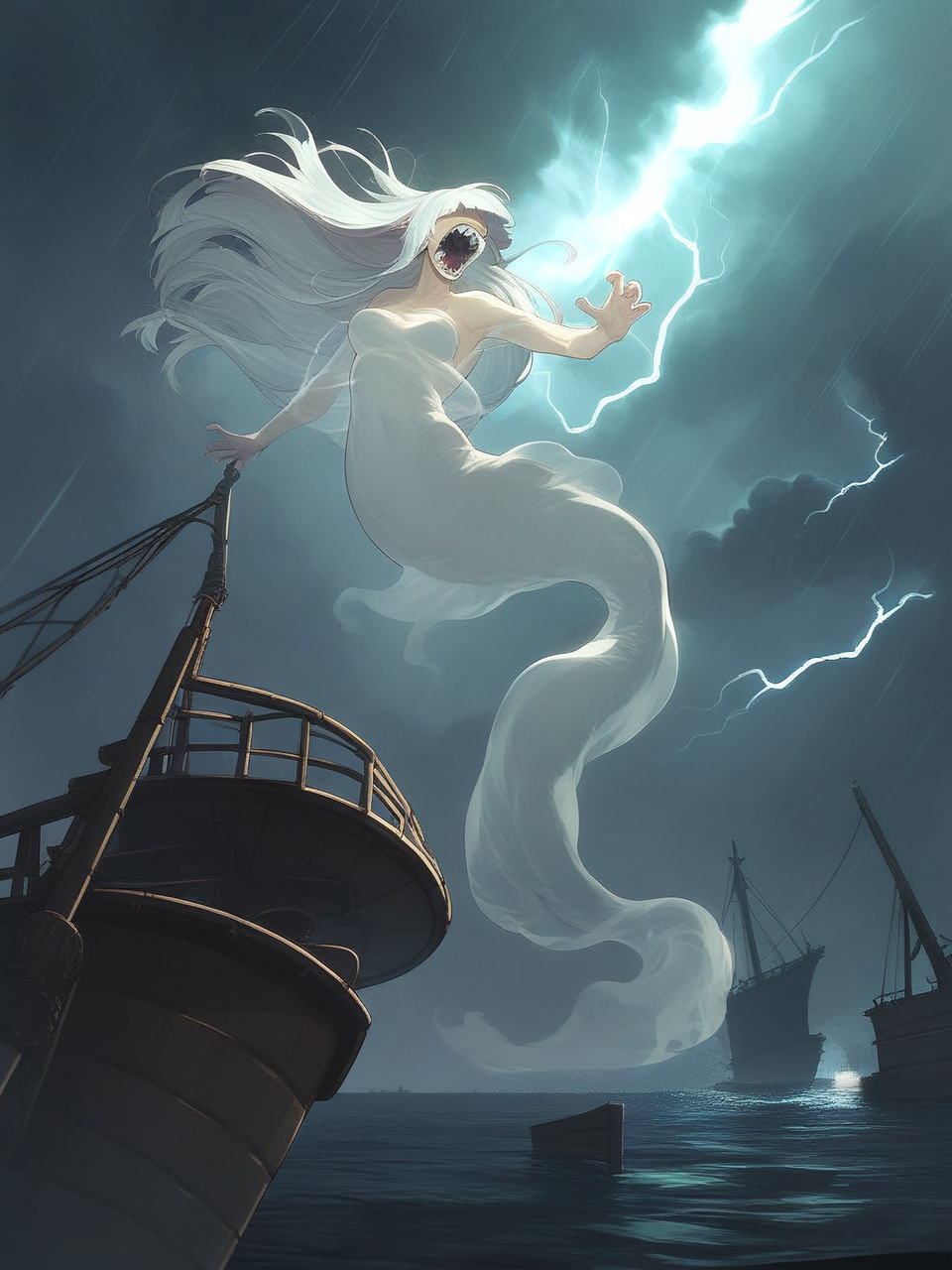 (ghost:1.3), (transparent:1.3), mermaid, floating, flying, solo, breasts, long hair, white hair, hime cut, no eyes, mouth open, screaming, sharp teeth, angry, wooden ship, ocean, night, storm, rain, lightning, dark clouds, mist, fog,
<lora:Aether_Ghost_v1.1_LoRA:1.2>, score_9, score_8_up, score_7_up,