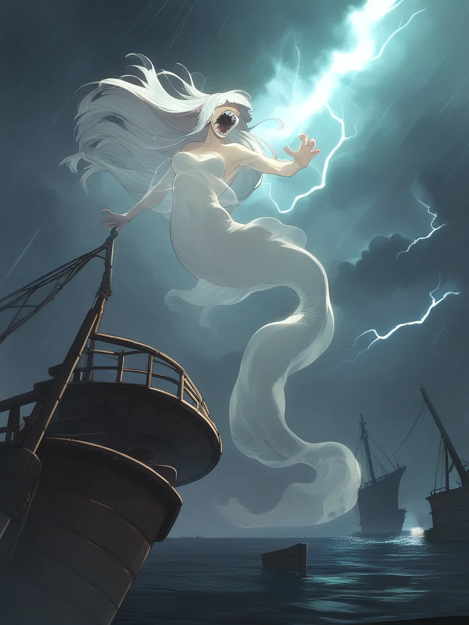 (ghost:1.3), (transparent:1.3), mermaid, floating, flying, solo, breasts, long hair, white hair, hime cut, no eyes, mouth open, screaming, sharp teeth, angry, wooden ship, ocean, night, storm, rain, lightning, dark clouds, mist, fog,
<lora:Aether_Ghost_v1.1_LoRA:1.2>, score_9, score_8_up, score_7_up,