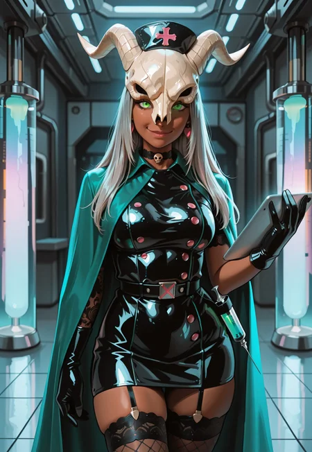 masterpiece, best quality, hires, absurdres, 

slnt, dark-skinned female, green eyes, grey hair, long hair, skull helmet, green cloak,

evil latex nurse, black latex nurse dress, short sleeves, short latex skirt, lace sleeves, latex nurse cap, latex choker, latex gloves, elbow shoves, earrings, jewelry, black lace stockings, 

indoors, science fiction laboratory, futuristic clinic,
looking at viewer, glowing eyes, cute smile, holding tablet, syringe holster, vials,
dark, highly detailed, majestic, shallow depth of field, movie still, hard light, circular polarizer, colorful, moody, wallpaper