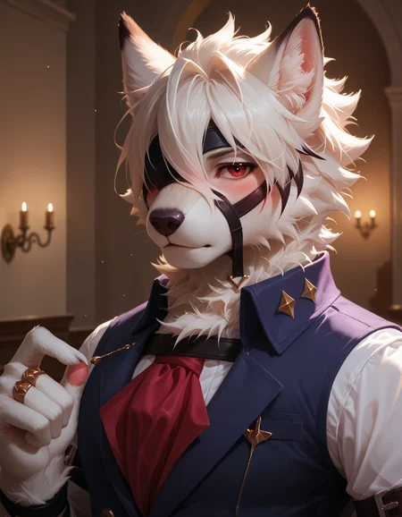 score_9, score_8_up, score_7_up BREAK rating_safe, source_furry, detailed, depth of field, detailed background, cinematic lighting, particles, decals, masterpiece, best quality, <lora:sinfully_stylish_SDXL.safetensors:0.95>,  embedding:zPDXL3, anthro, <lora:add-detail-xl.safetensors:2.5>, colorful, anthro, <lora:Von_Lycaon.safetensors:1.0>, von_lycaon, furry, 1boy, solo, right eye covered, white hair, red eyes, stand, looking at viewer, (5 fingers:1.2), rised hand, clothed sexually suggestive,  (full face, close up, wide shot, standing , blush, mansion background, indoor:1.15)