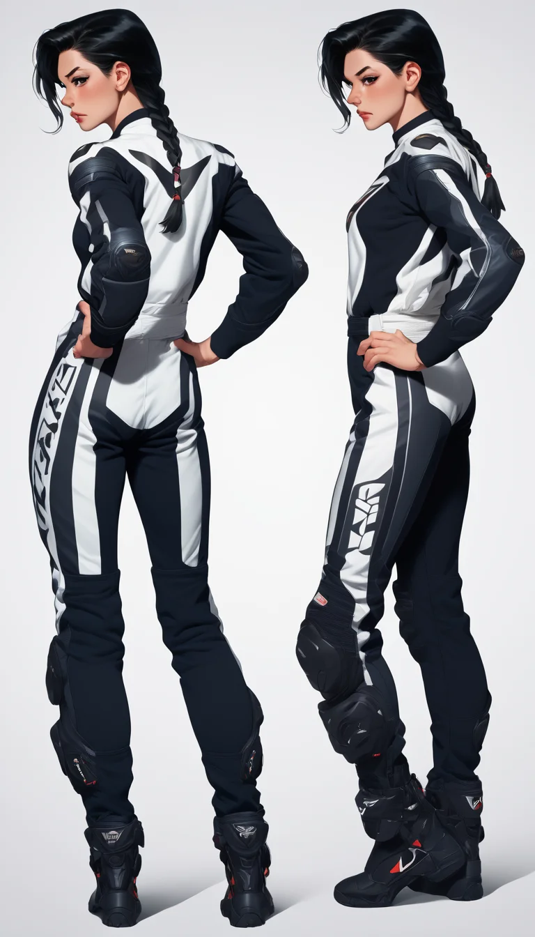 score_9, score_8_up, score_7_up, illustrationl, 1 girl , braid, black hair, female focus,motor bike racing suit, motor bike suit, racing suit, full body, dynamic poses, <lora:Motorcycle Racing Suit_epoch_9:0.8>, multiple views, <lora:ComicsPonyXL_V2:0.8> Comistyle