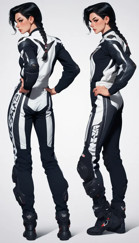score_9, score_8_up, score_7_up, illustrationl, 1 girl , braid, black hair, female focus,motor bike racing suit, motor bike suit, racing suit, full body, dynamic poses, <lora:Motorcycle Racing Suit_epoch_9:0.8>, multiple views, <lora:ComicsPonyXL_V2:0.8> Comistyle