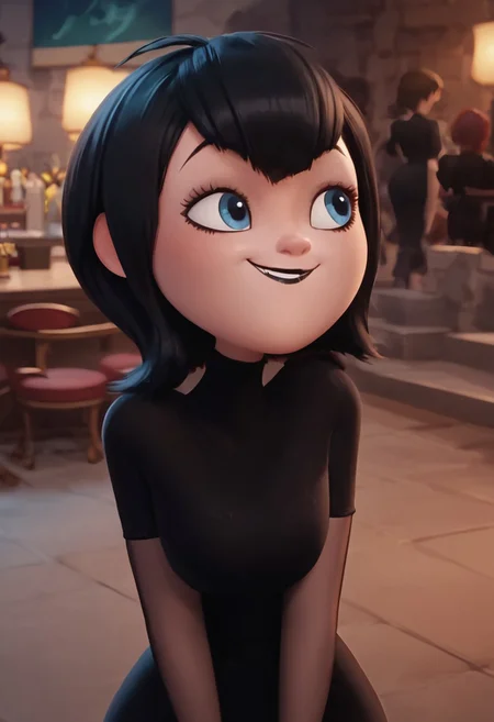 score_9, score_8_up, score_7_up, ultra quality, solo, 1girl, black hair, short hair, blue eyes, fangs, black lips, black nails, black dress, grey elbow gloves, striped pantyhose, red sneakers, , smug smile, butt focus, big hips, big butt, bubble butt, curvy, narrow waist, standing, looking to the viewer, upper body, view from above, close up, screencap