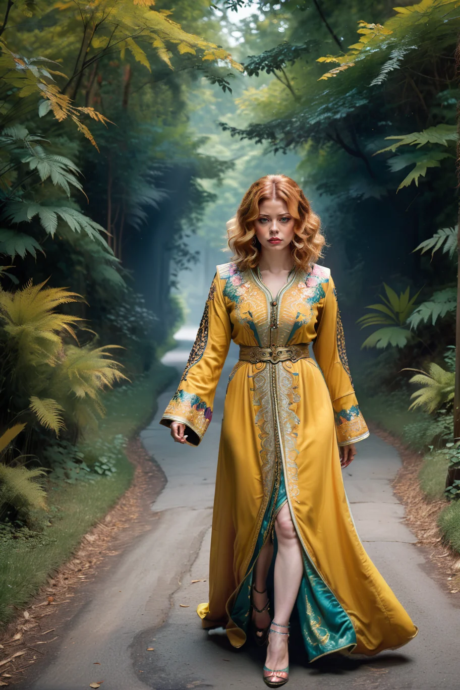 Depressing, Mustard and Psychedelic hue, Hopeful, tiger print color grading, triadic colors, delicate, Anime elegant Edo Period (Natasha Lyonne:1.3) , dressed in Change armor and Poulaine, Strolling pose, her hair is Digital Age, Angry, Polychromatic, Single Color, Flustered, High Contrast, cinematic lighting, Rule of Thirds, Albumen, three colors, <lora:CaftanXLv1:0.8> qftan, woman, dress, <lora:xl_more_art-full_v1:0.6>