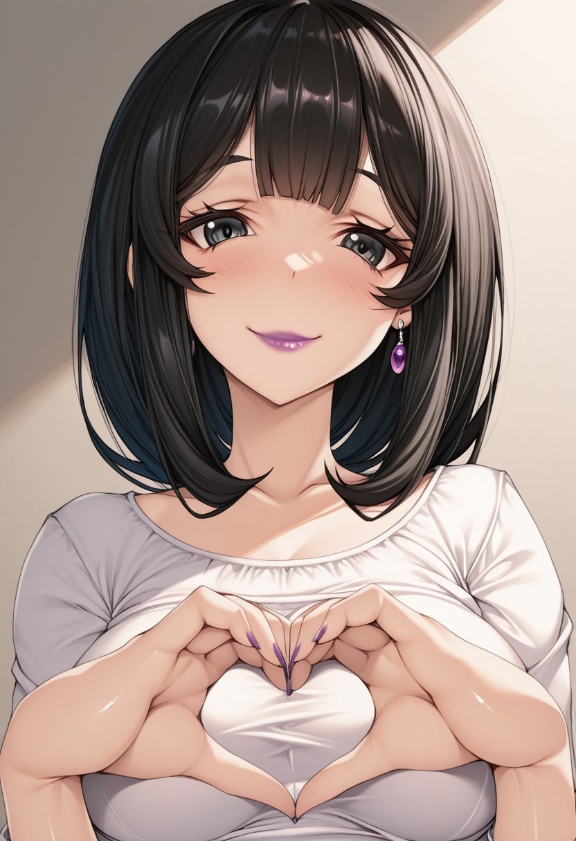 torisan, 1girl, solo, medium build, medium hair, sfw, safe for work , black eyes, purple lipgloss, smiling, portrait, upper body, heart hands, mature female, foreshortening, detailed, newest, shiny skin, cowboy angle, solo focus, medium breasts,