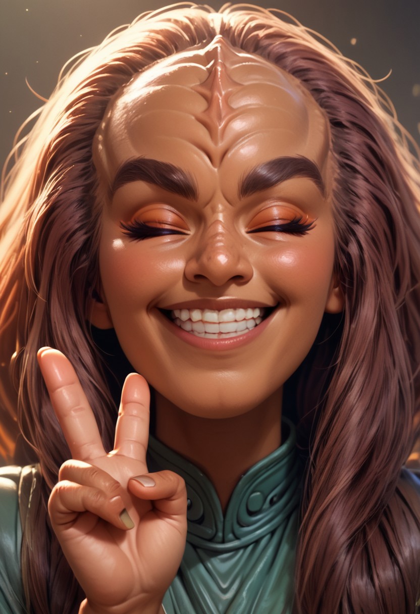 (score_9, score_8_up, score_7_up), anime portrait, young kling0n alien girl, forehead ridges, brown skin, long eyebrows, peace sign, holding up 2 fingers, huge smile, eyes closed