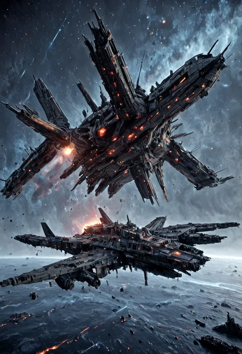 h0rr0rstyl3, CosmicStyle, cinematic wormhole scene, fractured light tunnel, battle-worn cruisers emerging from transit, warfleet surge in V-formation, flickering hull lights under dimensional stress, cracked plating, emergency repair drones visible mid-flight, glowing red hazard beacons, cold void backdrop with torn starscape, ancient carrier ship flanked by smaller strike craft, jagged stealth modules, military gray over scorched matte-black, tactical escape from unseen predator, ultrarealistic science fiction concept art, war-torn sky migration, fractal spatial ripples