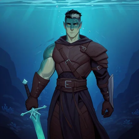 very awa, masterpiece, best quality, absurdres, newest, perfect quality, detailed background, intricate details, 1boy, male, male focus, muscular, solo, muscular male, Fjord_CR, green skin, muscular male, two-tone hair, pointy ears, short hair, undercut, scar on face, yellow eyes, sword, armor, gloves, underwater, deep sea, dark,