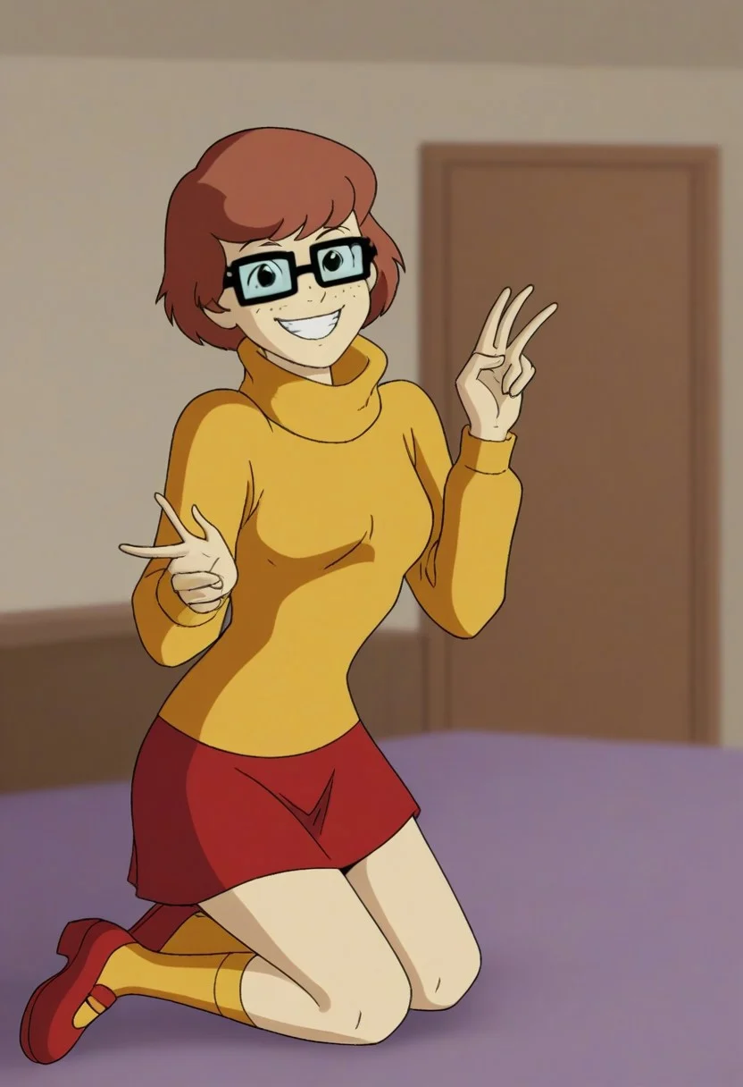 short hair, brown hair, square rim glasses, brown freckles, slim waist, turtleneck sweater, yellow turtleneck, baggy turtleneck, red skirt, yellow knee socks, red mary jane shoes, smiling, looking at viewer, bedroom, crawling towards viewer, on all fours, seductive, teasing, flirting, smile, grin, 1 girl, solo