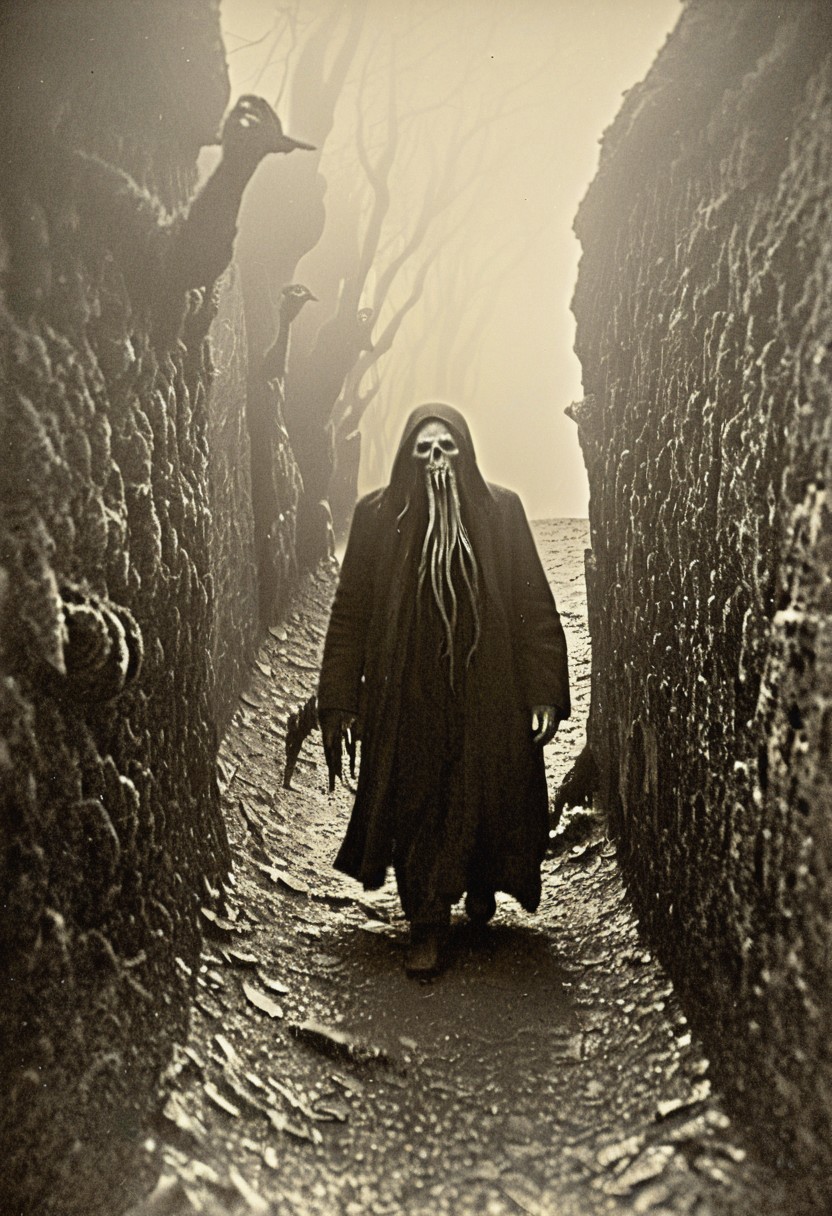 antique photo, eerie atmosphere, creepy, descent into madness, cthulhu mythos, nameless ones,  horror, lovecraft