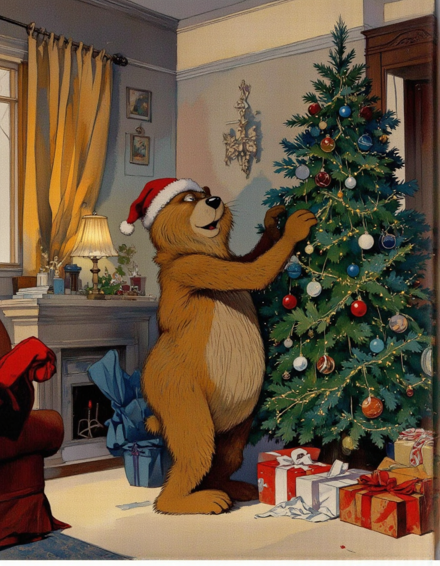 <lora:chzcat:1>, A cheerful cartoon bear decorating a Christmas tree in a festive living room. The bear is standing on tiptoes, placing ornaments on the tree with excitement, surrounded by twinkling lights and wrapped gifts underneath the tree.