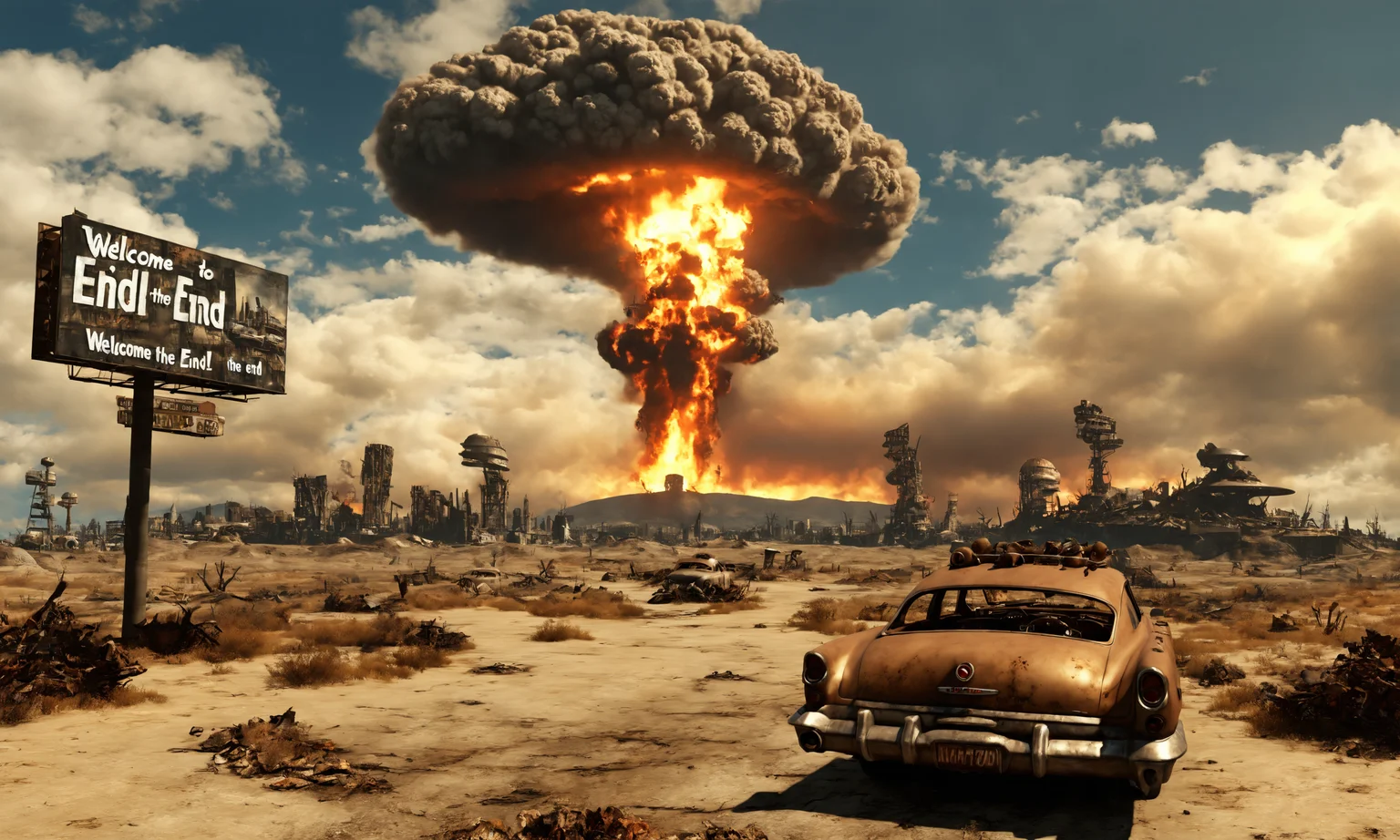 text" welcome to the end", billboard, wasteland ,<lora:falloutlandsdxl:0.8>, falloutlandsdxl, landscape, best quality, masterpiece, ruined city, nuclear explosion, mushroom cloud, fire, retro-futuristic ruined car,