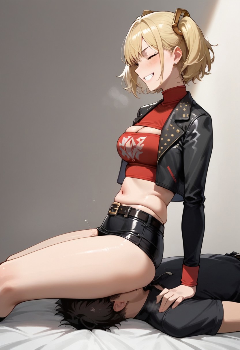 score_9,score_8_up,score_7_up,score_6_up,source_anime, studio lighting, anime screencap, 2d,
FWF4, facesitting, femdom,, two persons, arena, cunnilingus, pussy juice, side view,
1girl (Burnice_ZZZ, blonde hair, orange eyes, two side up, short twintails, hair ornament, eyewear on head, sunglasses, goggles, crop top, tube top, black jacket, black thighhighs, cropped jacket, red shirt, cleavage cutout, long sleeves, belt, black skirt, red wrist cuffs, red thigh strap, fingerless gloves, miniskirt, midriff, turtleneck, dominant female, skinny, skindentation, evil grin), 
BREAK
1guy (young, short hair, submissive boy, casual outfit. lying face up)