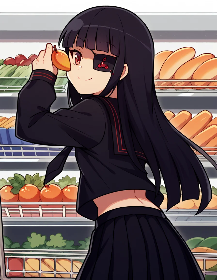score_9, score_8_up, score_7_up, source_anime, <lora:sk-mirai-s1-ponyxl-lora-nochekaiser:1>, mirai, long hair, black hair, red eyes, eyepatch, bangs, blunt bangs,, skirt, shirt, long sleeves, navel, school uniform, pantyhose, pleated skirt, necktie, serafuku, midriff, black skirt, sailor collar, black shirt, black sailor collar, black serafuku,, grocery store, shopping cart, picking fruits, everyday life, smile, <lora:shaft-look-ponyxl-lora-nochekaiser:1>, shaft look, looking back, from behind, head tilt,, looking at viewer, solo,, dutch angle, cowboy shot