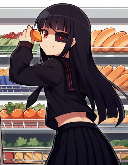 score_9, score_8_up, score_7_up, source_anime, <lora:sk-mirai-s1-ponyxl-lora-nochekaiser:1>, mirai, long hair, black hair, red eyes, eyepatch, bangs, blunt bangs,, skirt, shirt, long sleeves, navel, school uniform, pantyhose, pleated skirt, necktie, serafuku, midriff, black skirt, sailor collar, black shirt, black sailor collar, black serafuku,, grocery store, shopping cart, picking fruits, everyday life, smile, <lora:shaft-look-ponyxl-lora-nochekaiser:1>, shaft look, looking back, from behind, head tilt,, looking at viewer, solo,, dutch angle, cowboy shot