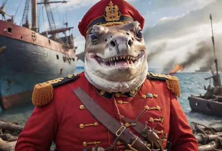 A fat anthropomorphic hammerhead shark in warm red British soldier uniform, sunken ship under the lagoon background, huge eyes, no neck, small mouth, flat head elongates to two sides, eyes sticking out