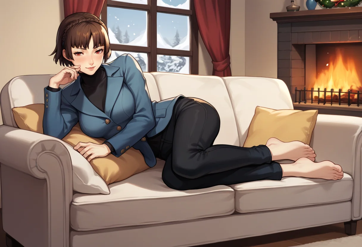 score_9, score_8_up, score_7_up, source_anime, 1girl, solo, on side, seductive smile, looking at you, half-closed eyes, blush, BREAK <lora:MakotoP5-pdxl:1> winMako, short hair, crown braid, blue jacket, big breasts, black turtleneck, long sleeves, black pants, barefoot, indoors, couch, fireplace, window, snow