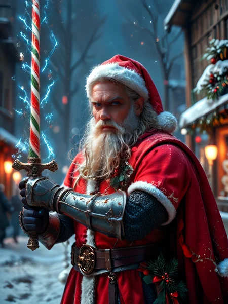 score_9, score_8_up, score_7_up, source_anime, 1boy, masterpiece, best quality, amazing quality, very aesthetic, absurdres, subsurface scattering, volumetric lighting, depth of field, <lora:CandyCaneSword:1> candy cane sword Santa Claus, armor, angry, scowling, epic beard, white beard, magic sparkles in the air, dramatic pose, outside, night, blizzard, winter, winter wasteland, warzone, <lora:test:1> m1dn1ght <lora:Santa_Claus_Festive_Mood:0.5> santafestivemood,   <lora:ral-polishedsteel:1> ral-polishedsteel