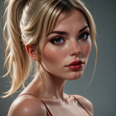 score_9, score_8_up, score_7_up, score_6_up, score_5_up, score_4_up, 1girl, solo, 21yo, red-burgundy pronounced lips, beautiful eyes, deep brown eyes, blonde hair ponytail, swept bangs, medium 34D breasts