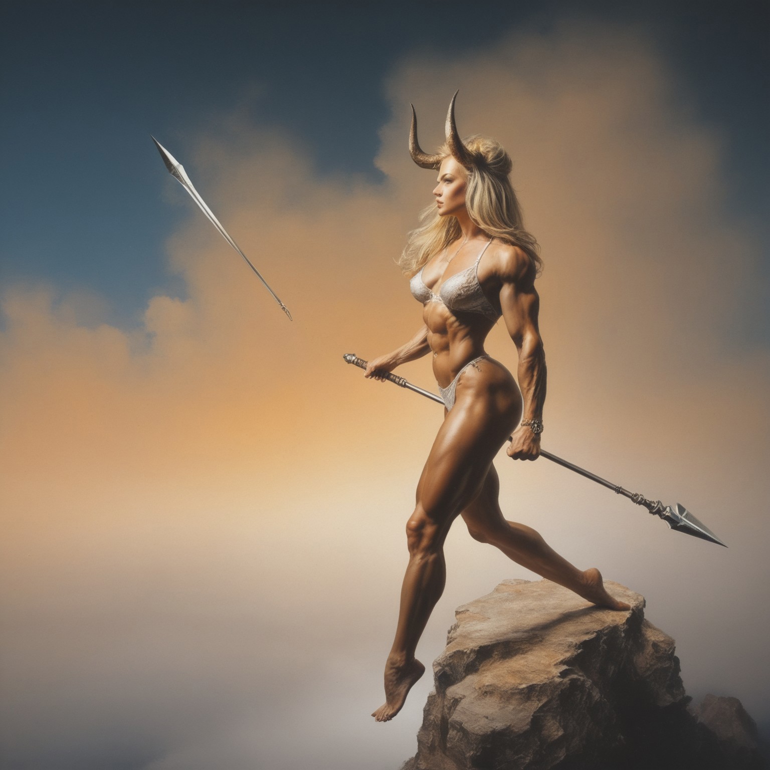 safe_pos, Fantasy oil painting, boris_style, best quality masterpiece 4k illustration, uncensored prefect lighting rating_explicit very aesthetic, 1girl ,long hair, blonde hair, 1weapon polearm, barefoot muscular horns solo monster spear abs busty nsfw nude, traditional media, score_9_up, score_8_up, score_7_up, abstracted background, magical, dramatic clouds, dream like background