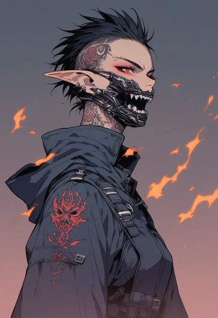 score_9, score_8_up, score_7_up,source_anime,1girl,solo,Ana, elf ears, pointed ears, witch, mohawk, red eyes, black hair,perfecteyes,eyebrows,hair behind ear,high neck sleeveles jacket,tattoos,pants,from the side,dark background,sinozick,flat colors,cowboy body shot,open mouth fang mask, sparks, fire embers
serious expresion, side glance,