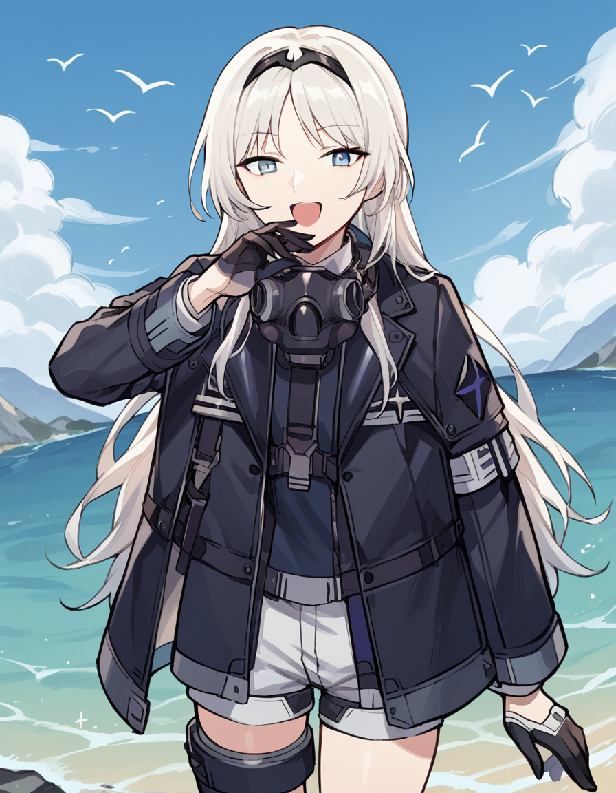 score_9, score_8_up, score_7_up, source_anime, <lora:girlsfrontline-an-94-ponyxl-lora-nochekaiser:1>, an-94, an-94 (girl's frontline), long hair, blue eyes, white hair,, black gloves, black jacket, hairband, jacket, long sleeves, mask, mask around neck, open clothes, open jacket, respirator, short shorts, thigh strap, tiara, white shorts,, river, flowing, fish, banks, current, smile, <lora:ojou-sama-pose-ponyxl-lora-nochekaiser:1>, ojou-sama pose, laughing, smug, hand to own mouth, open mouth,, looking at viewer, solo,, dutch angle, cowboy shot