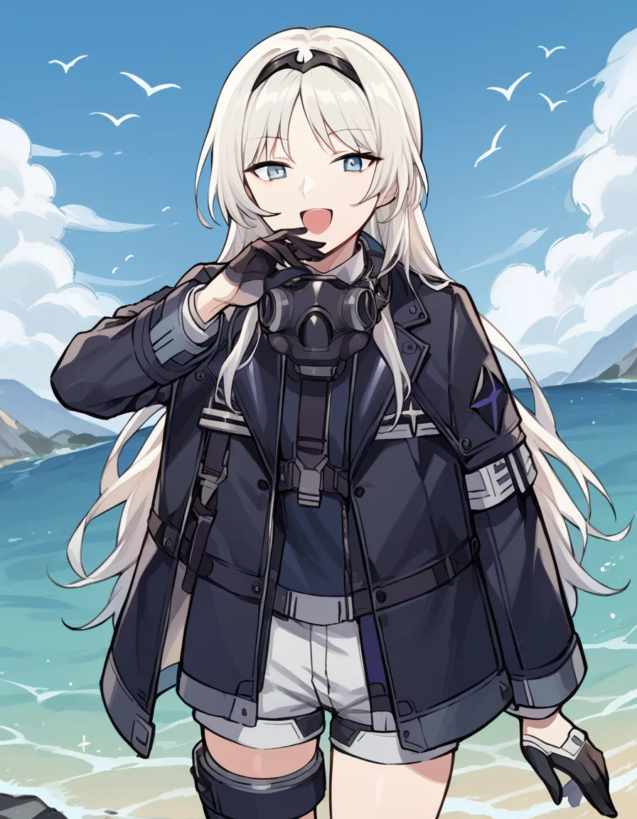 score_9, score_8_up, score_7_up, source_anime, <lora:girlsfrontline-an-94-ponyxl-lora-nochekaiser:1>, an-94, an-94 (girl's frontline), long hair, blue eyes, white hair,, black gloves, black jacket, hairband, jacket, long sleeves, mask, mask around neck, open clothes, open jacket, respirator, short shorts, thigh strap, tiara, white shorts,, river, flowing, fish, banks, current, smile, <lora:ojou-sama-pose-ponyxl-lora-nochekaiser:1>, ojou-sama pose, laughing, smug, hand to own mouth, open mouth,, looking at viewer, solo,, dutch angle, cowboy shot